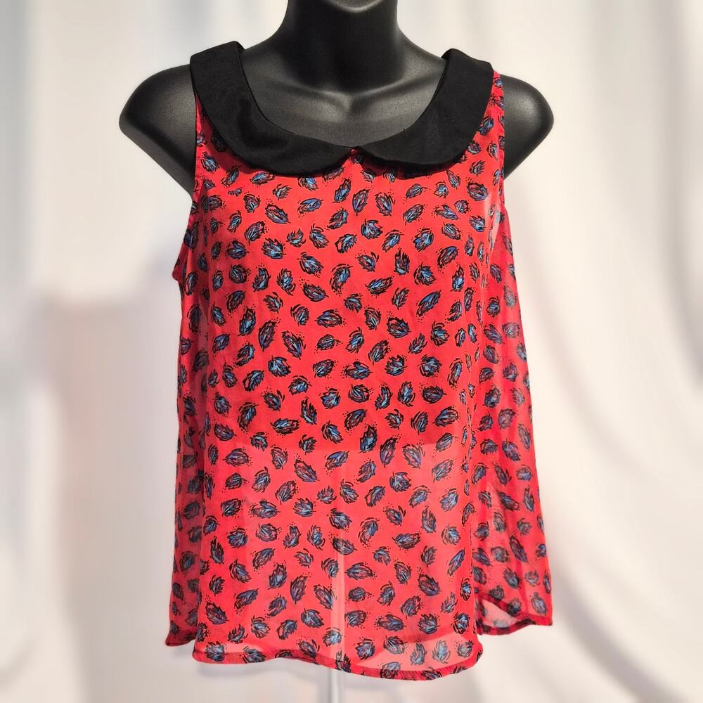 Mimi Chica Red Feather Print Peter Pan Collar Sleeveless Indie Sleaze Blouse  XS